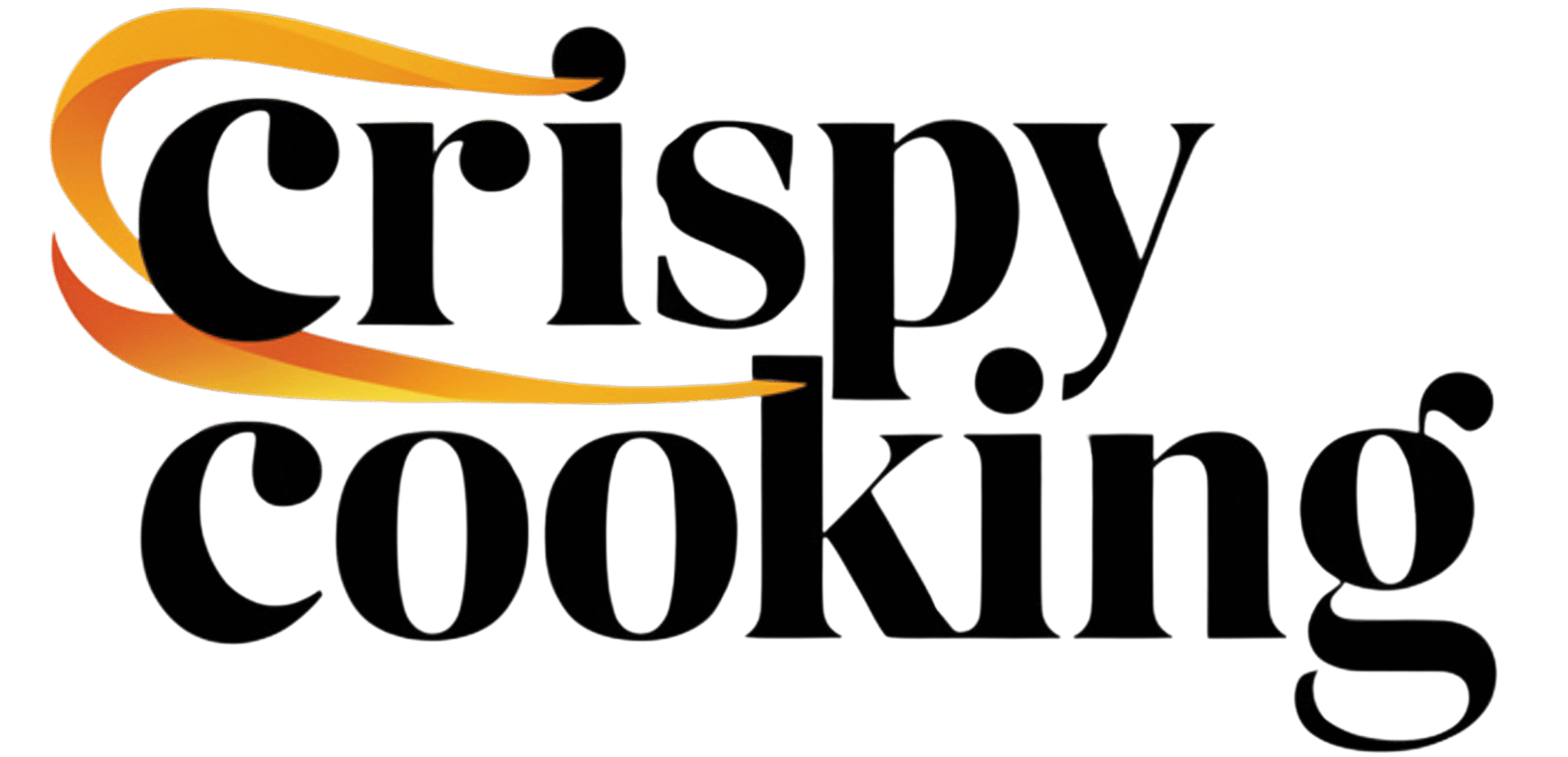 CrispyCooking logo featuring bold, dark gray typography with flowing orange gradient accents resembling flames or heat.
