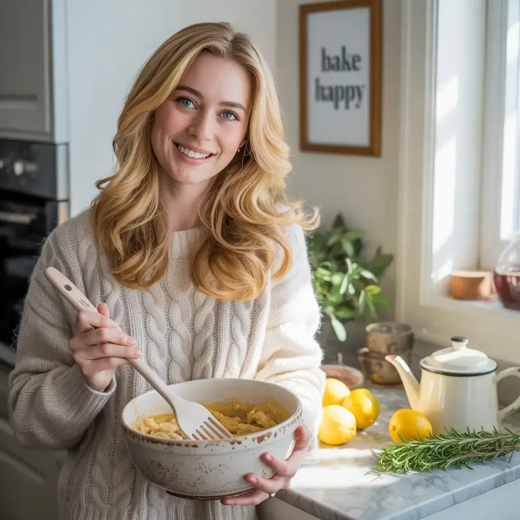 A woman stands in her kitchen, holding a bowl of food, smiling as she prepares a meal.