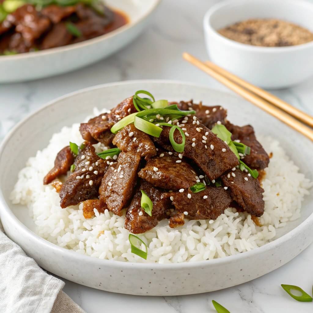 A bowl of instant pot Mongolian beef garnished with green onions, served over a bed of rice, showcasing a savory sauce.