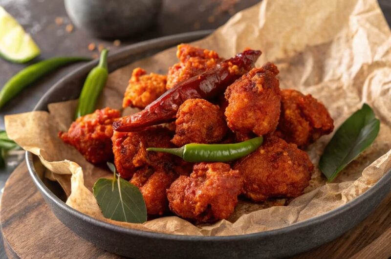 A plate of fried chicken wings topped with chili and lime, showcasing a vibrant and appetizing presentation. chicken 65 recipe
