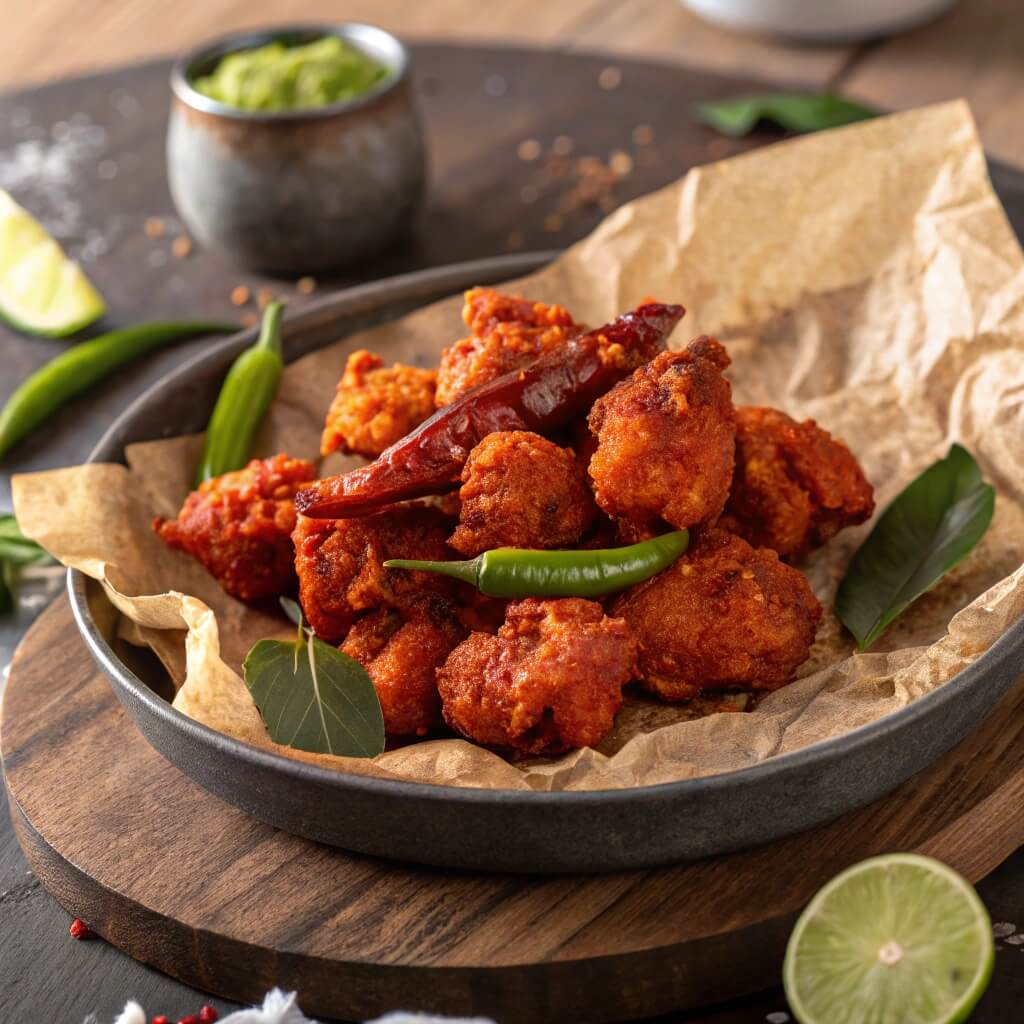 Fried chicken wings garnished with chili and lime, served on a white plate.