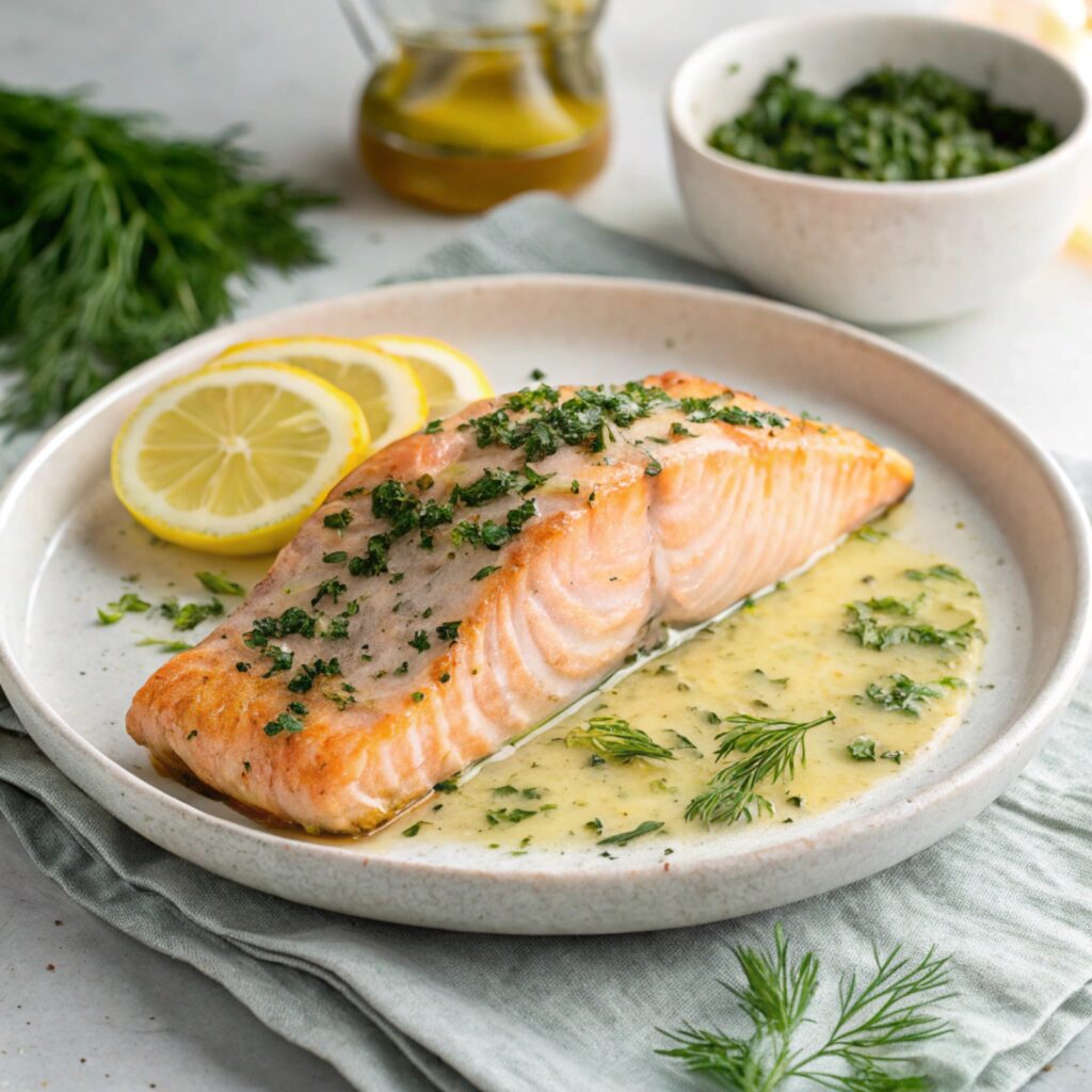 A plated dish of salmon garnished with lemon slices and fresh dill.
