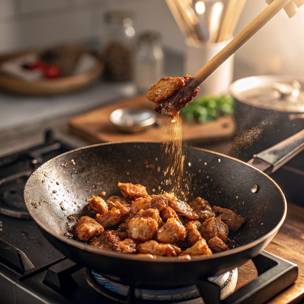 A person stirring food in a wok on a stove, showcasing a vibrant cooking scene in a kitchen.