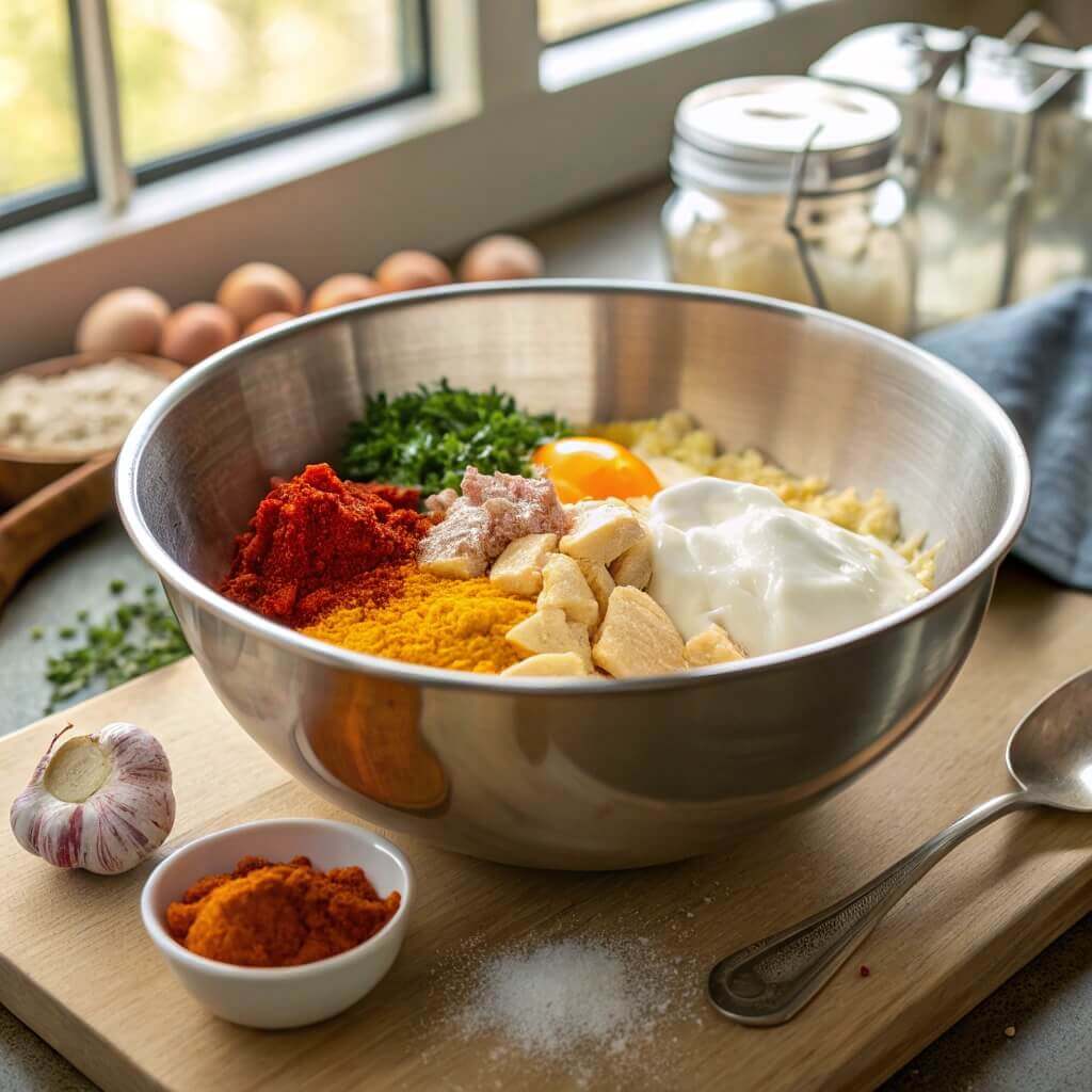 A bowl filled with various ingredients sits on a wooden cutting board, ready for meal preparation.