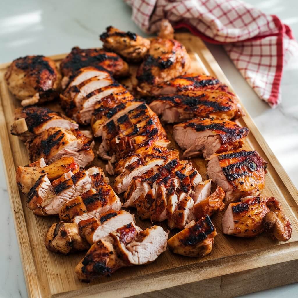 Grilled chipotle chicken resting on a wooden cutting board, accompanied by a vibrant red cloth underneath.
