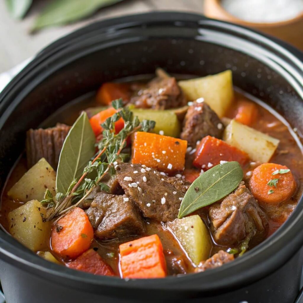 A hearty slow cooker beef stew with tender meat, vegetables, and rich broth, served in a rustic bowl.
