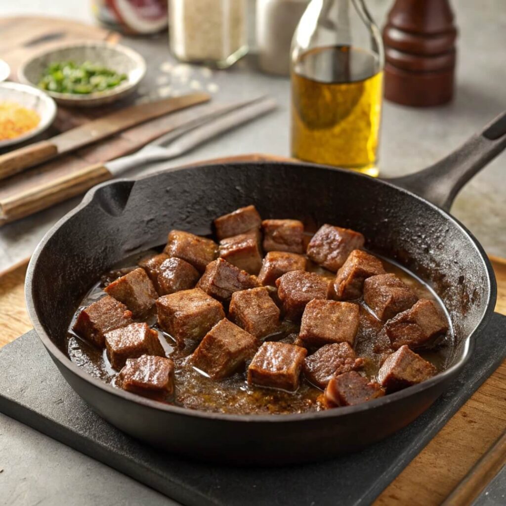A skillet filled with seasoned meat and spices, showcasing a rich and flavorful dish ready for cooking.