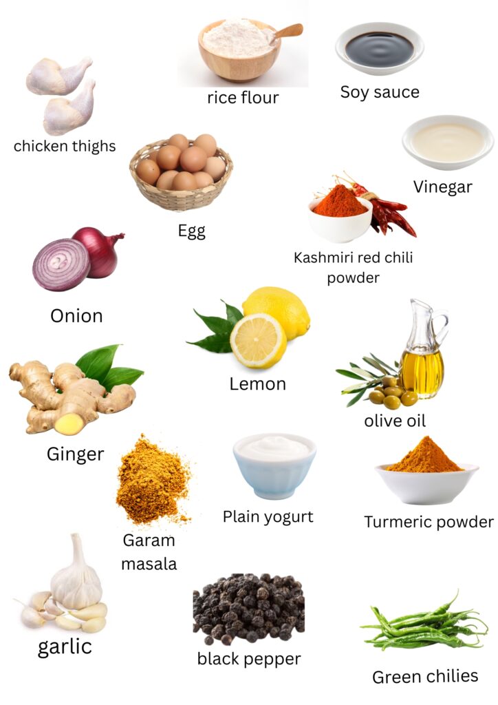 A neatly organized list of ingredients for a chicken 65 recipe, including quantities and types of each item needed.
