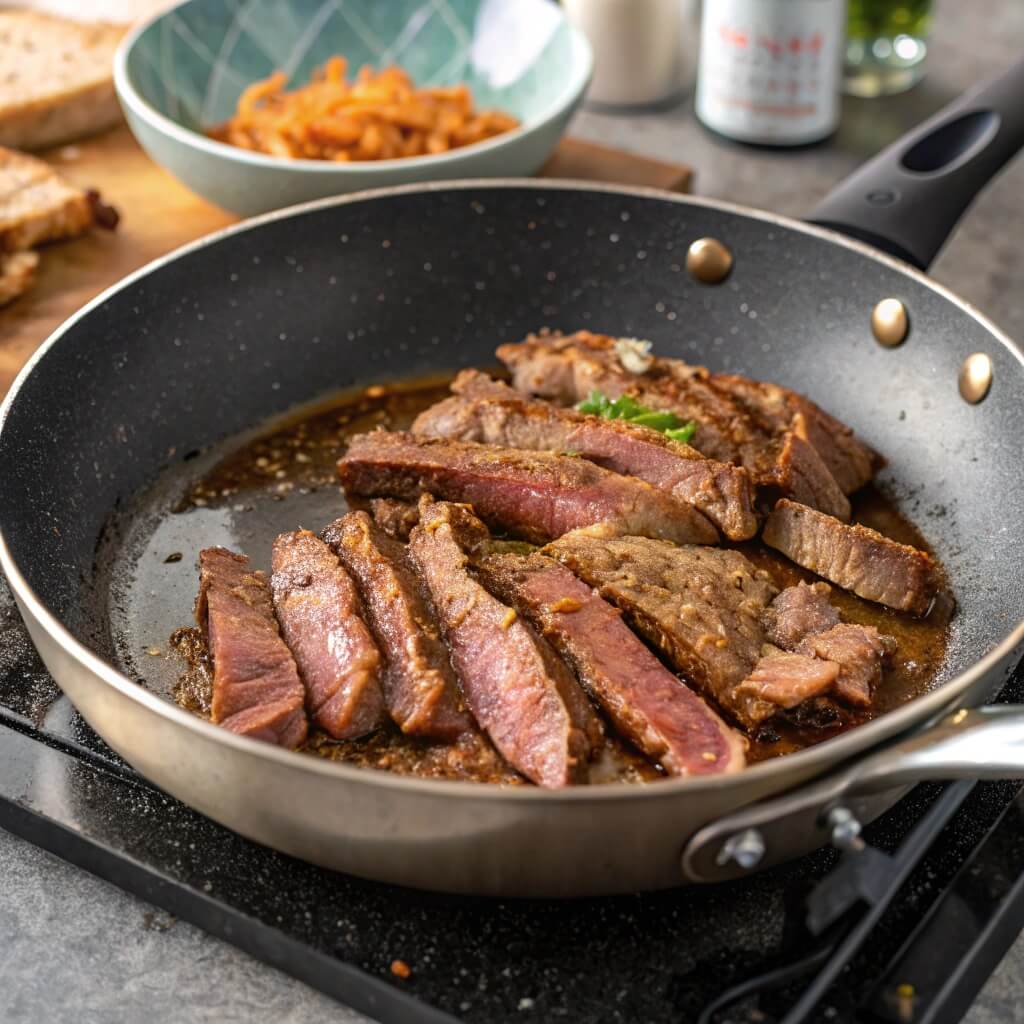 A skillet filled with a seared steak and colorful sautéed vegetables, showcasing a delicious meal preparation.