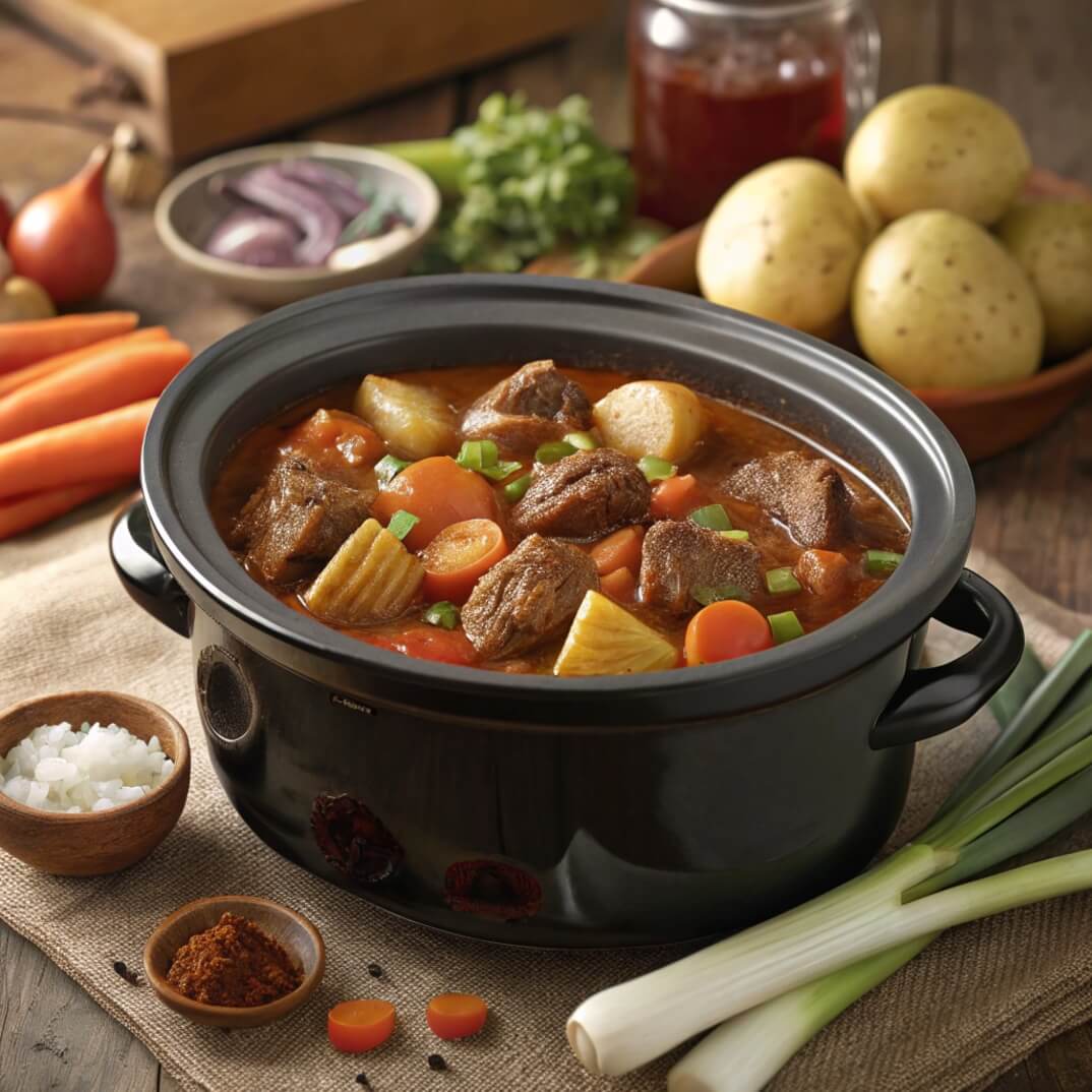 A slow cooker filled with beef, potatoes, carrots, and assorted vegetables, simmering together for a hearty meal.