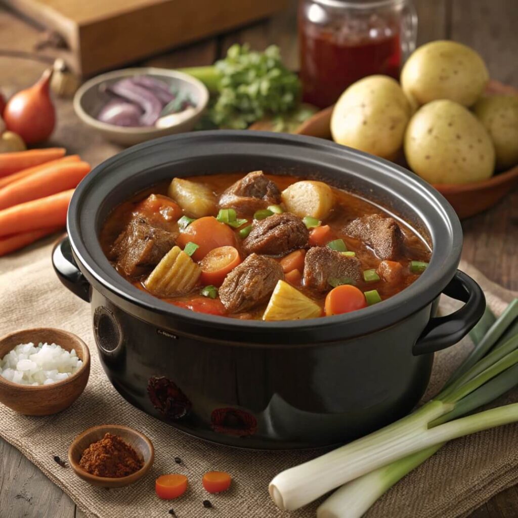 A slow cooker filled with beef, potatoes, carrots, and assorted vegetables, simmering together for a hearty meal. Crockpot Beef Stew