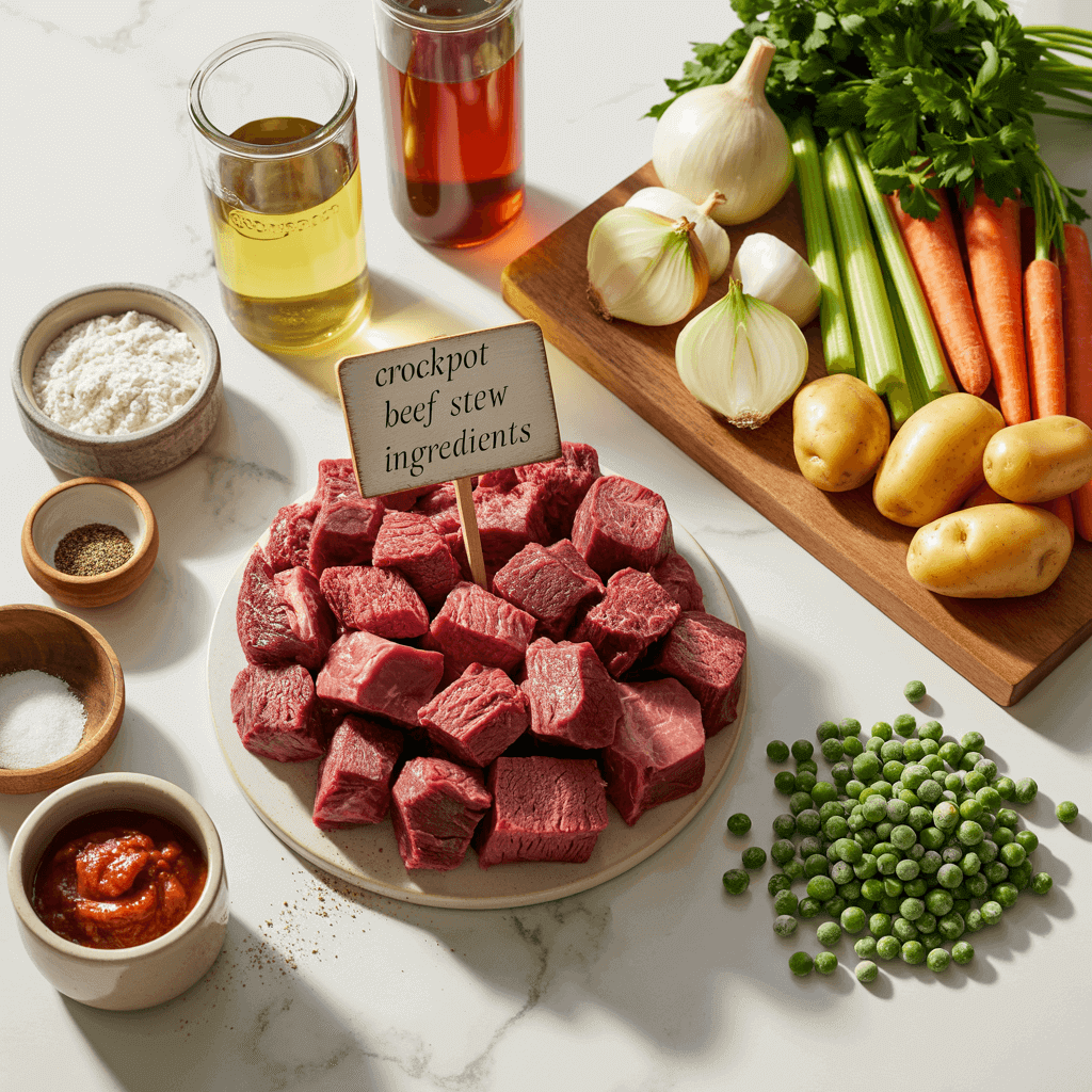 A well-organized table featuring a variety of meats, colorful vegetables, and additional cooking ingredients