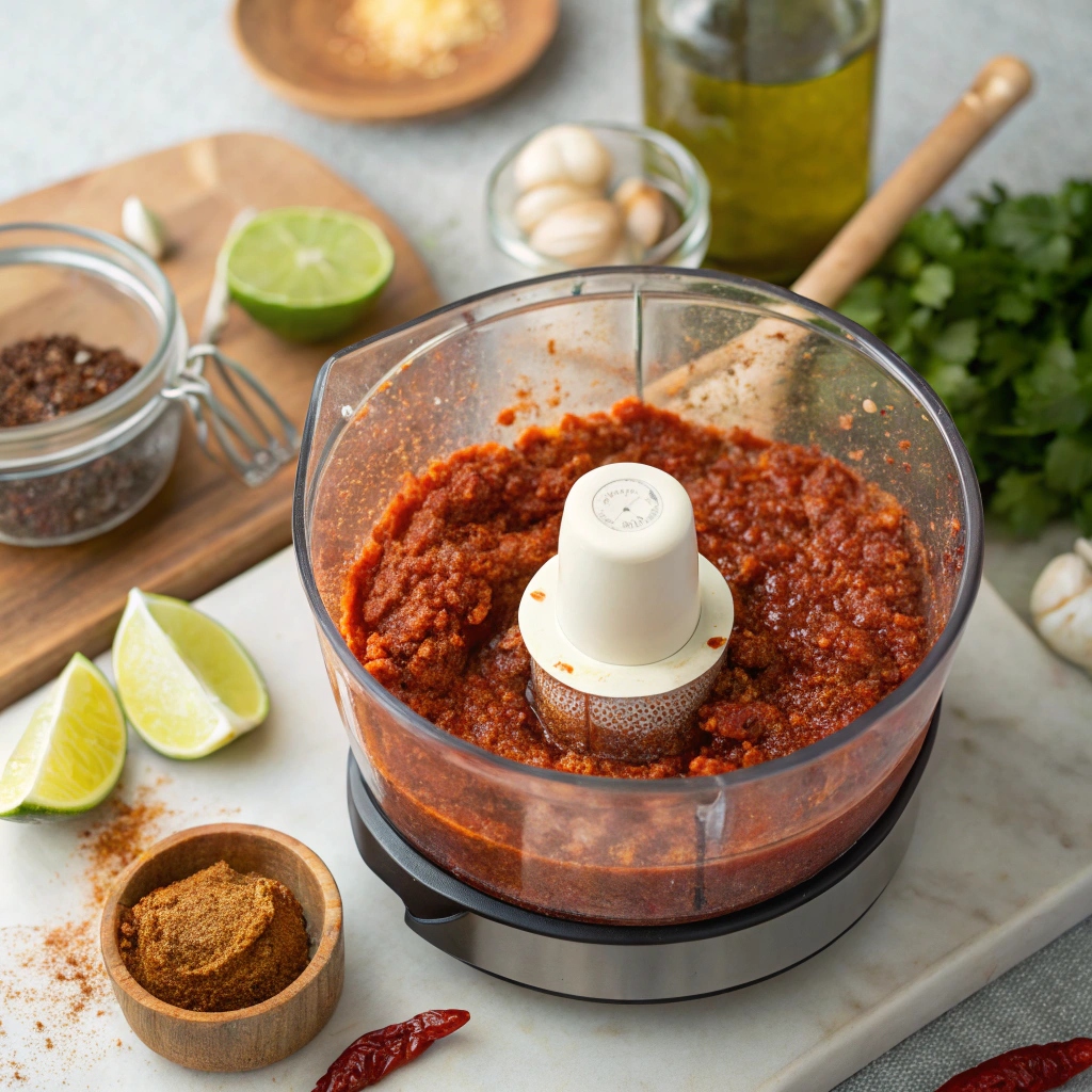 A food processor sits on a countertop beside chopped ingredients on a cutting board, ready for meal preparation.