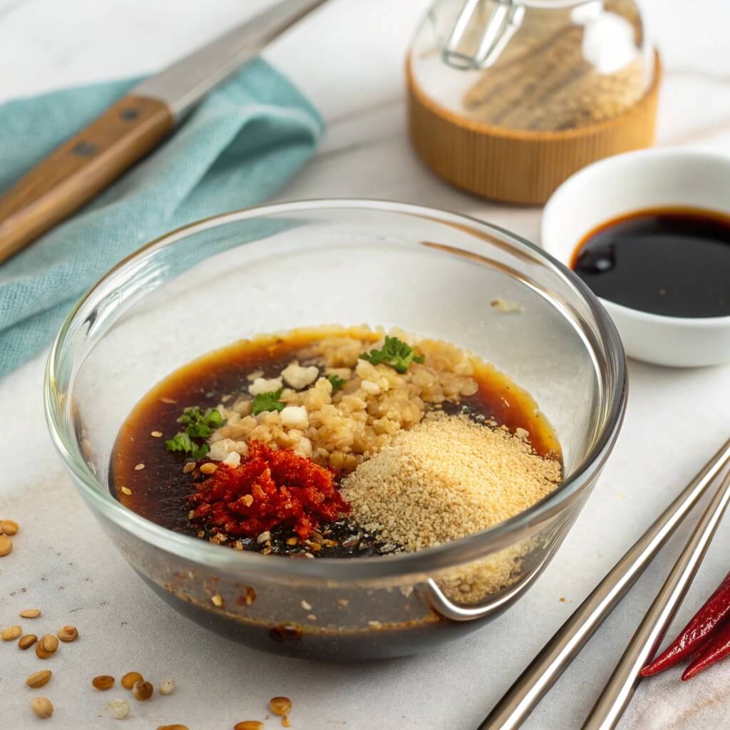 A pair of chopsticks rests beside a bowl of sauce next to a bowl of rice, ready for a meal.