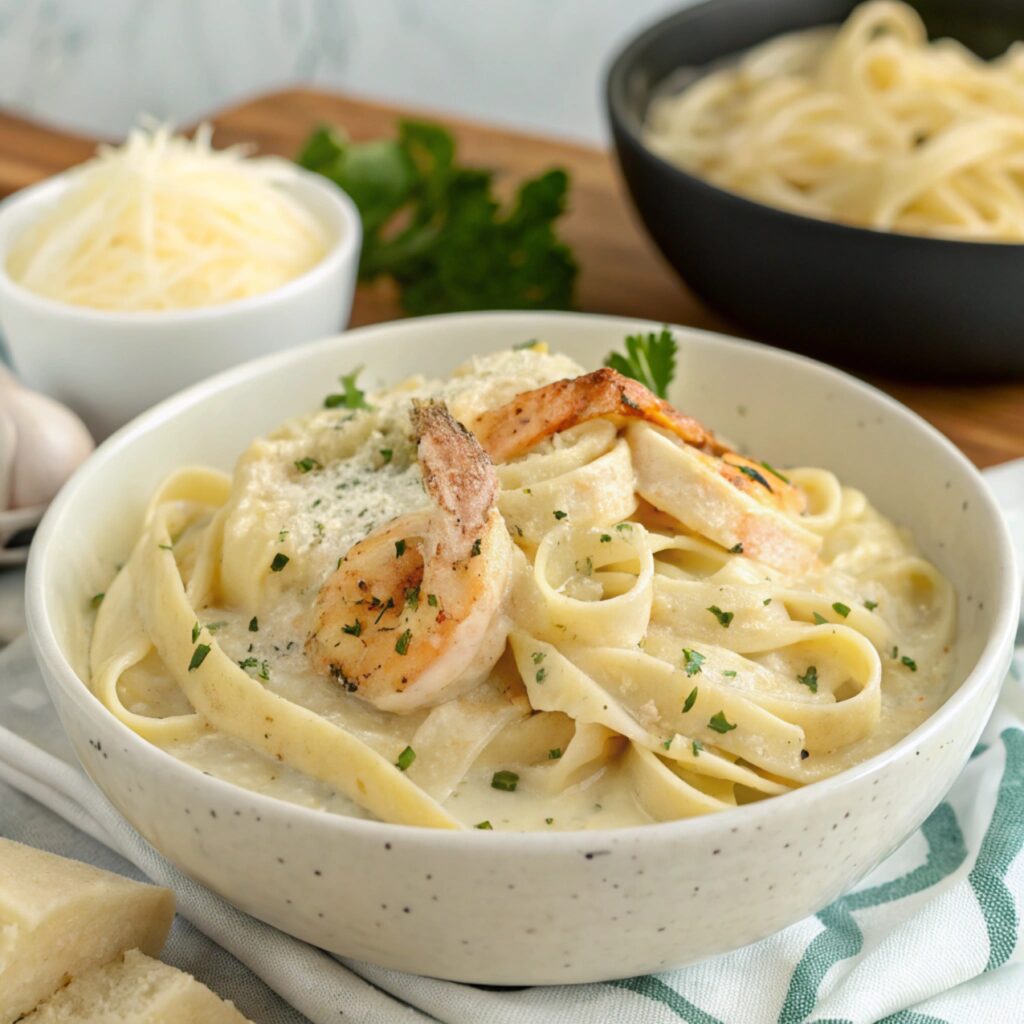 A bowl of creamy pasta topped with shrimp, garnished with herbs and served on a wooden table.