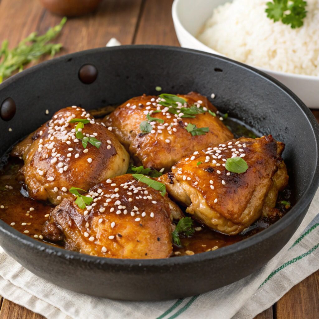 Skillet with chicken topped with sesame seeds, served alongside fluffy white rice.