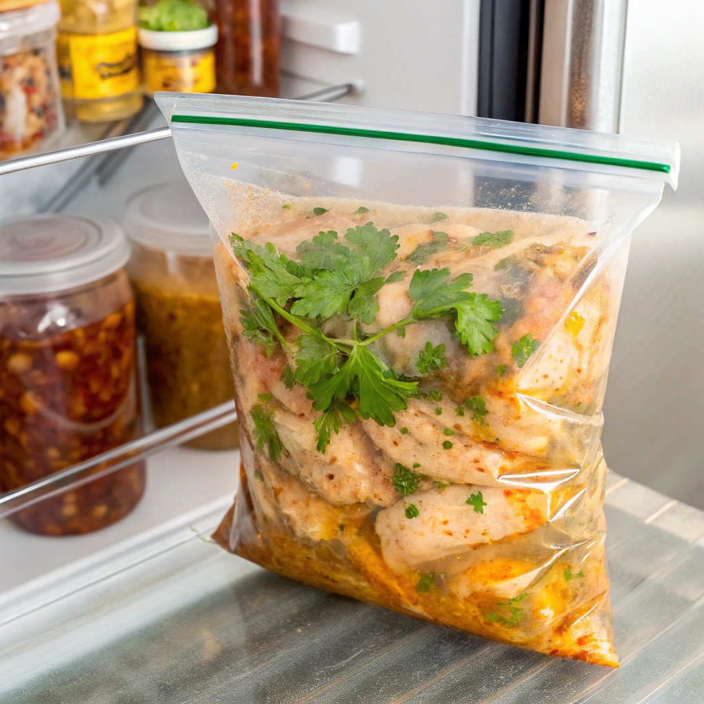 A bag of food placed inside an open refrigerator, showcasing various items stored for preservation.