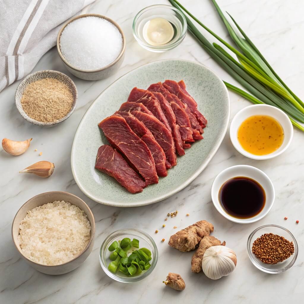Raw beef, rice, garlic, ginger, and various ingredients arranged on a white marble counter.