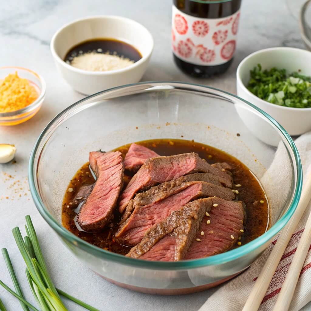 A bowl filled with Asian beef, chopsticks resting on the side, and a bowl of soy sauce nearby on a wooden table.