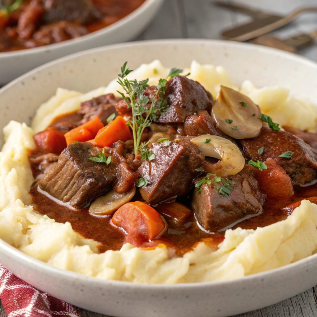 A hearty bowl of beef stew served alongside creamy mashed potatoes, garnished with herbs.