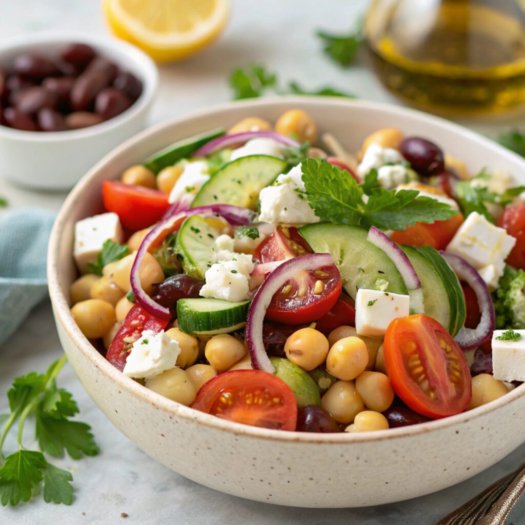 A bowl of fresh salad featuring cucumbers, tomatoes, and a variety of colorful vegetables.