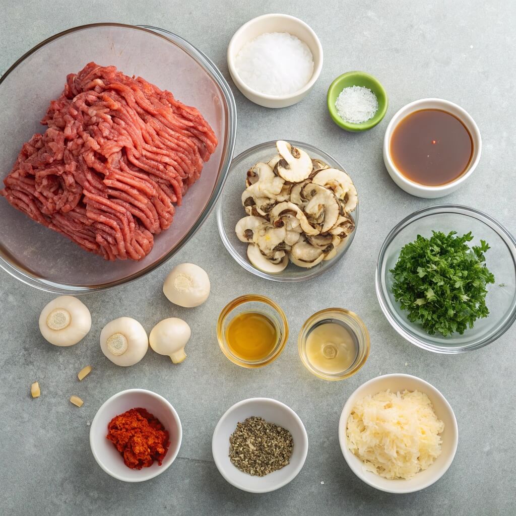 Various ingredients for meatballs arranged in bowls on a gray surface, including herbs, spices, and ground meat.