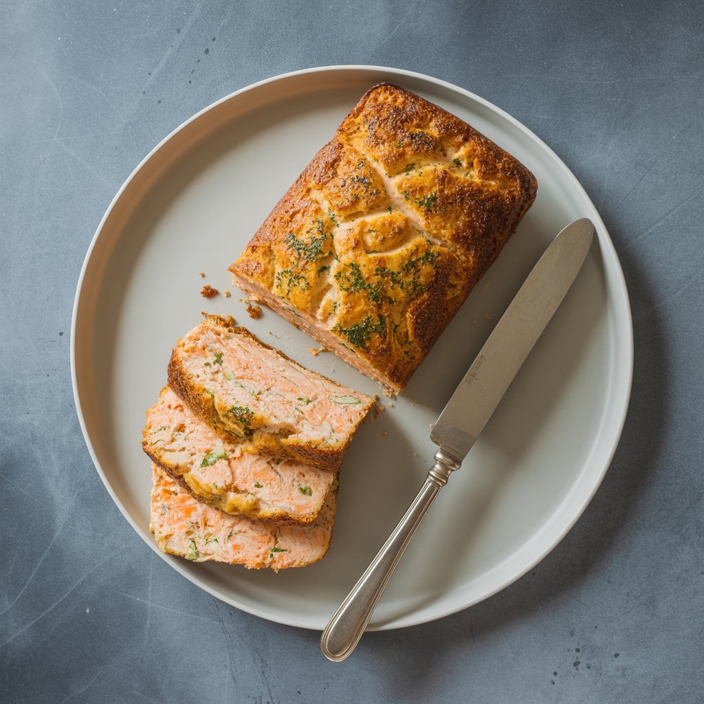 A plate holds a freshly baked loaf of bread alongside a knife for slicing.
Salmon Loaf Recipe
Salmon Loaf