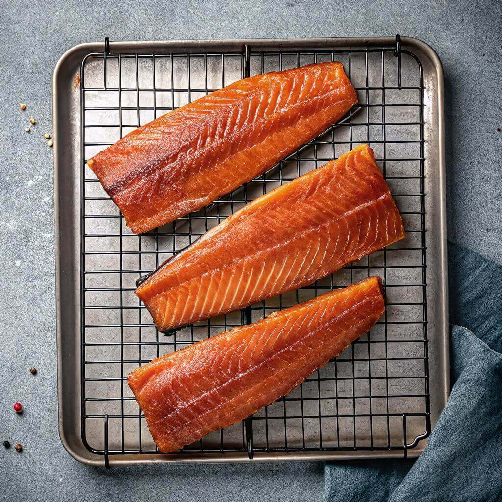 Three pieces of salmon arranged on a cooling rack, showcasing their pink color and glistening texture.
Smoked Salmon Brine Recipe
Smoked Salmon Brine