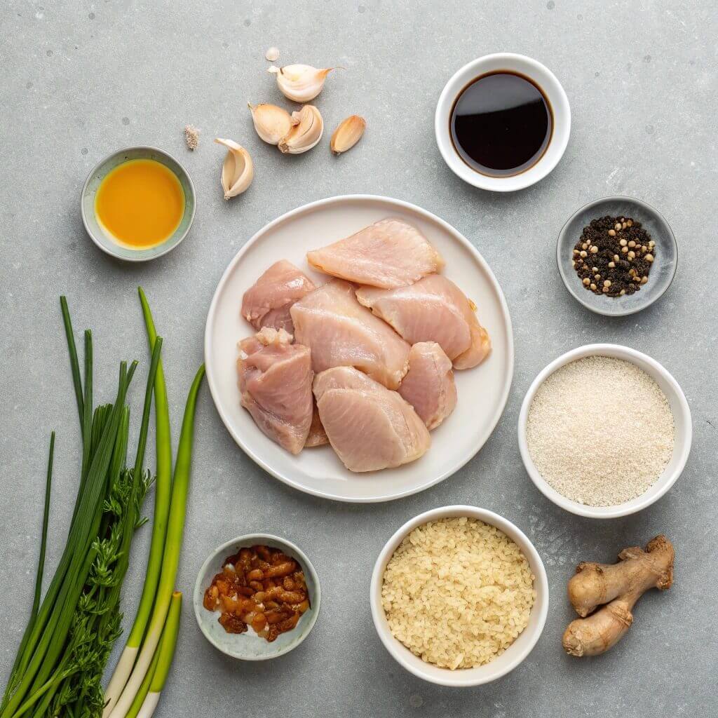 A collection of ingredients for chicken with rice, featuring garlic, ginger, and other spices on a kitchen countertop.