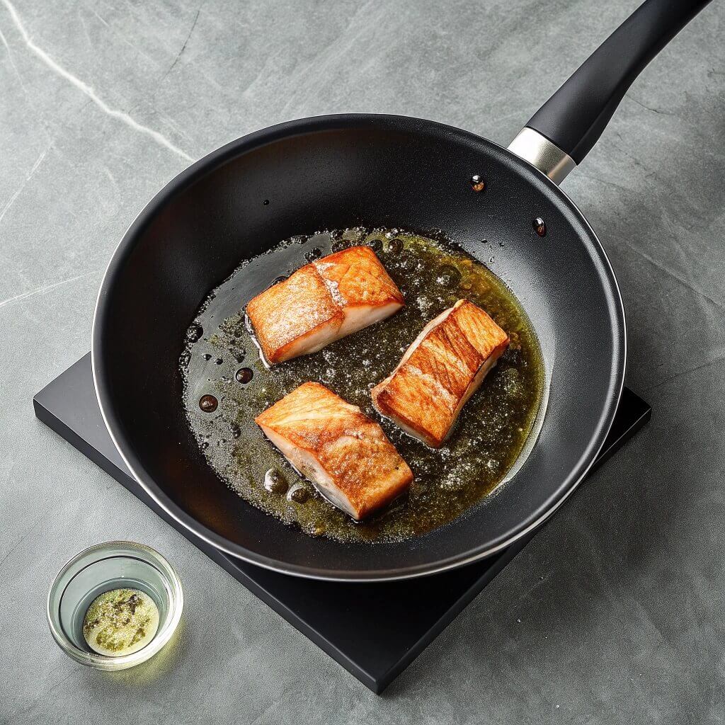 Two salmon pieces are being cooked in a frying pan, with a golden-brown crust forming