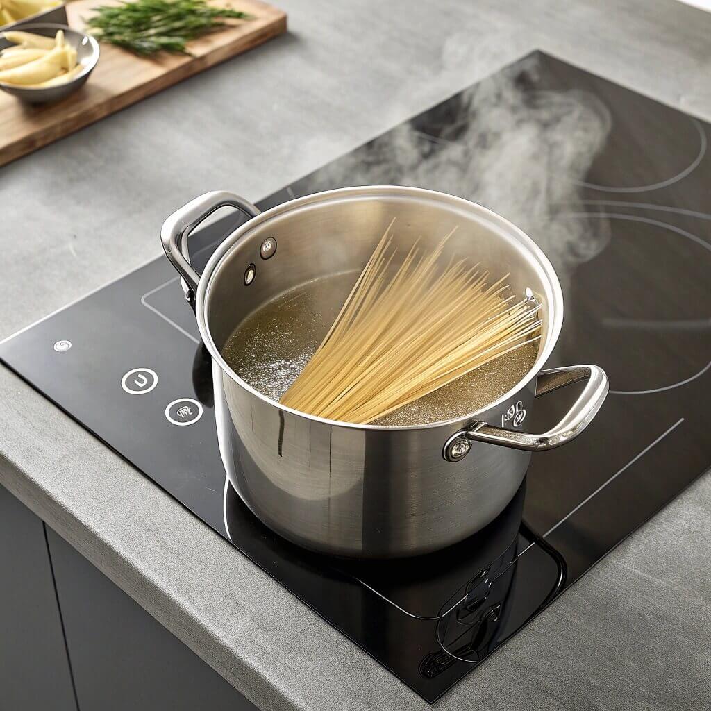A pot of pasta simmers on an electric stove, steam rising from the boiling water.