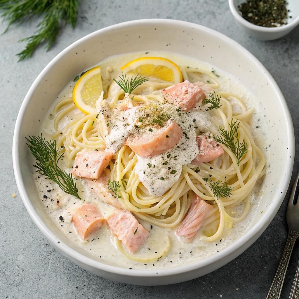A plate of salmon and pasta coated in a creamy sauce, garnished with herbs for added flavor.
