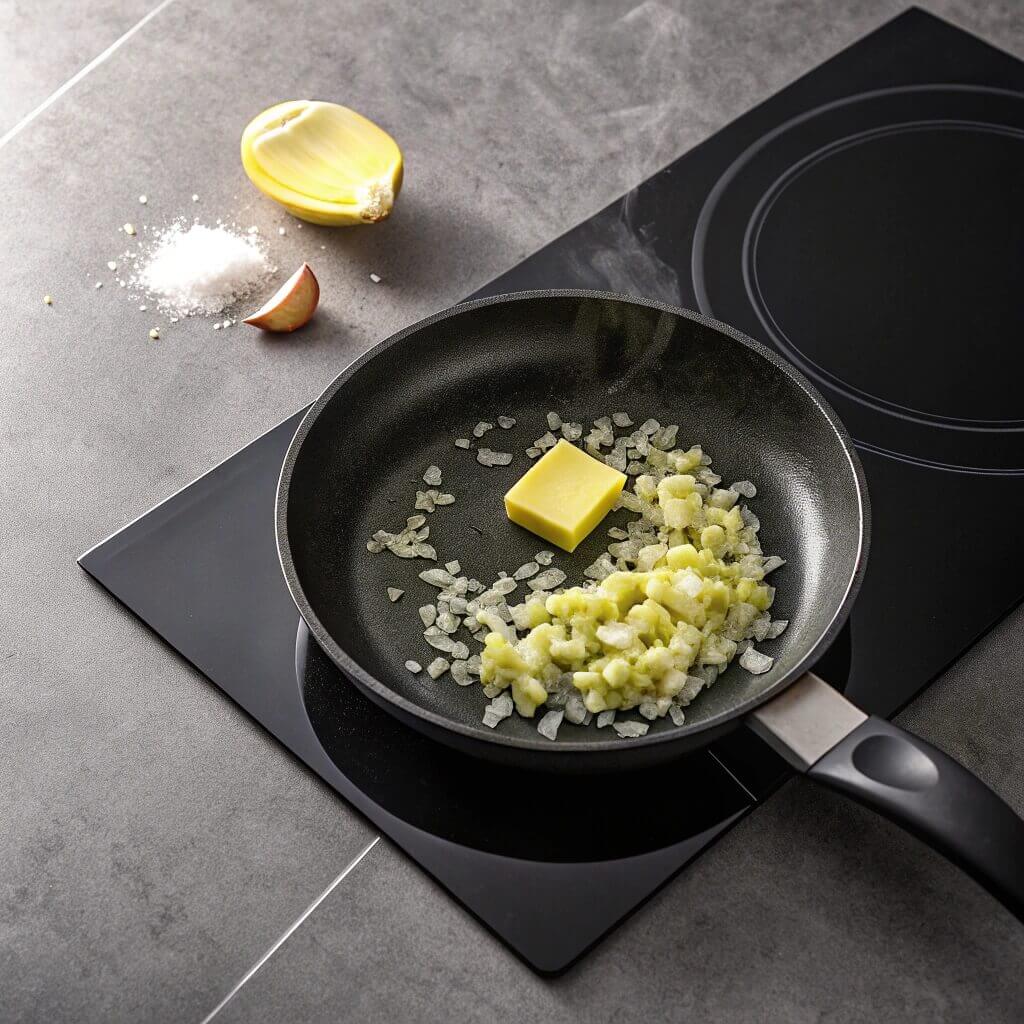frying pan containing sautéing onions and garlic, showcasing their golden-brown color and aromatic texture.