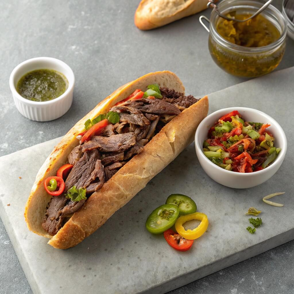 A hearty beef sandwich garnished with peppers and salsa, resting on a cutting board.