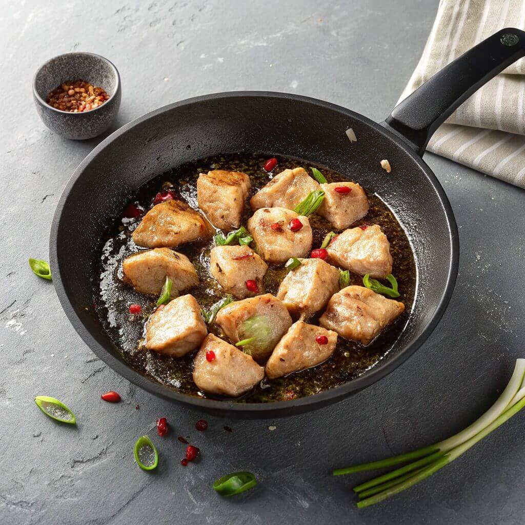 Chicken breast cooking in a frying pan, garnished with green onions and sprinkled with chili flakes.
