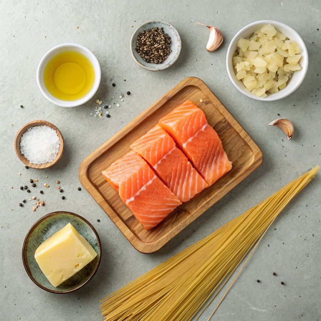 A table set with salmon, pasta, garlic, and various ingredients ready for meal preparation.