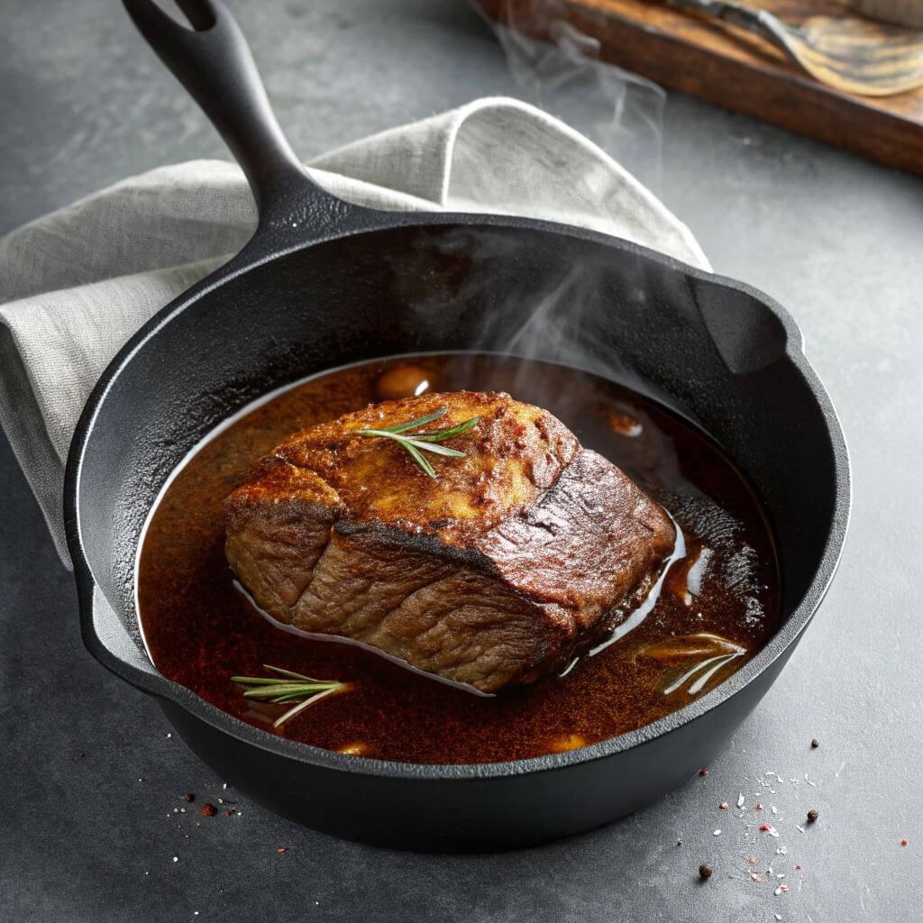 A perfectly cooked steak in a cast iron skillet, topped with a rich sauce, resting on a wooden surface.