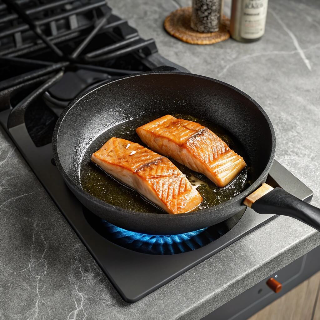 A skillet with two salmon fillets sizzling as they cook, surrounded by a light sheen of oil.