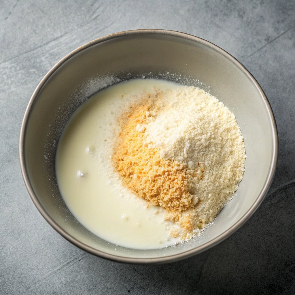 A bowl containing milk and flour sits on a gray background, showcasing the ingredients for baking.