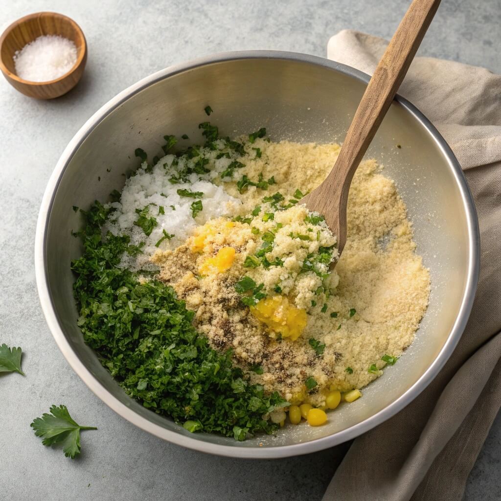 A bowl of eggs, chopped onion, parsley, lemon juice, salt, pepper, and dill to breadcrumb mixture.