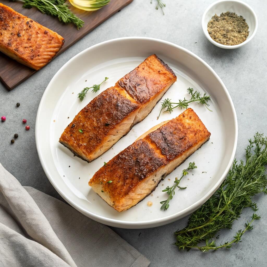 Two pieces of salmon on a plate garnished with herbs and fresh breadcrumbs.
Coho Salmon Recipe