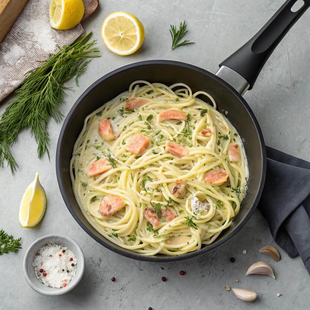 Pasta with salmon and lemon garnished, served in a black pan, showcasing a delicious seafood dish.