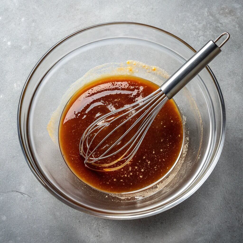 Close-up of a glass bowl with a whisk mixing a smooth sauce, set against a kitchen background.