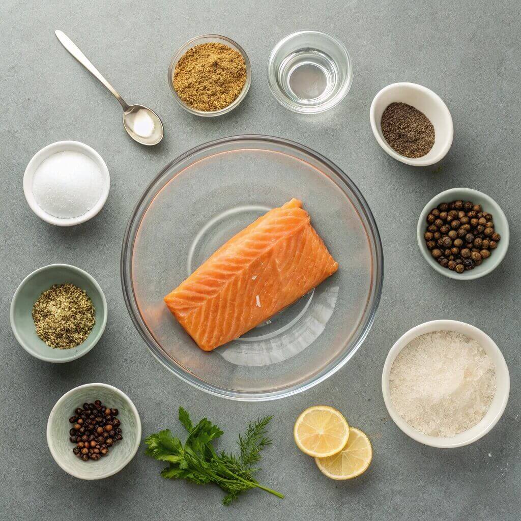 A bowl of salmon surrounded by various spices and ingredients, ready for preparation or cooking.