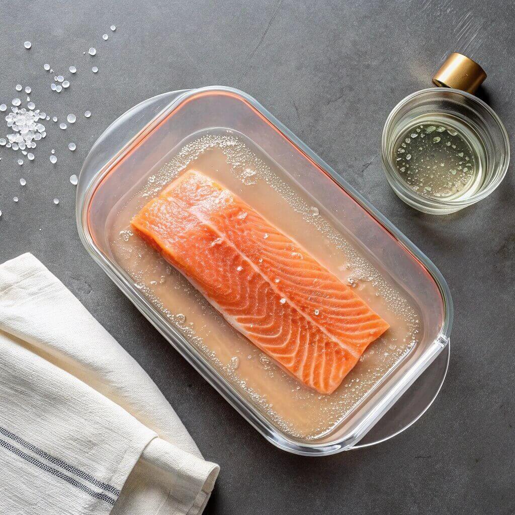 Salmon displayed in a glass container, accompanied by salt and pepper seasoning.