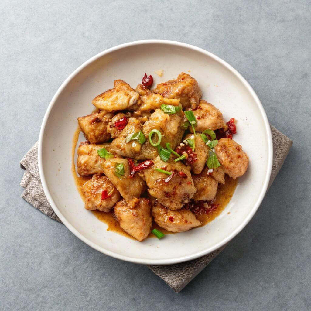 A bowl filled with chicken in sauce, garnished with fresh green onions, presenting a delicious meal option.
Asian Chicken Marinade