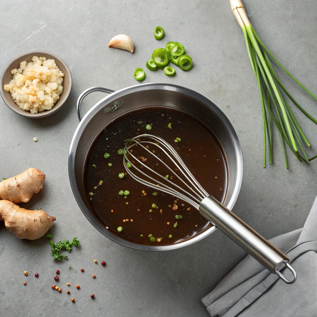 Chicken simmering in ginger sauce inside a stainless steel saucepan on a wooden countertop.