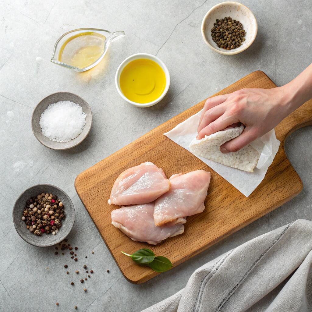 A person holds a piece of chicken above a wooden cutting board, preparing to cut it into smaller pieces.