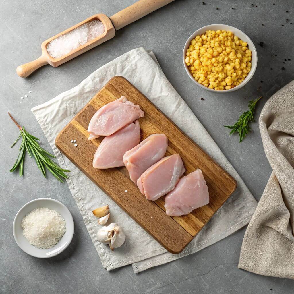 Raw chicken breast on a cutting board, surrounded by fresh herbs and spices ready for preparation.