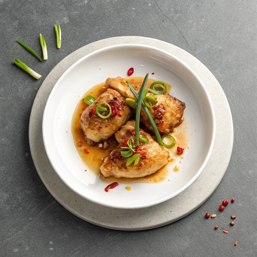 A white plate featuring chicken garnished with green onions and drizzled with chili sauce.